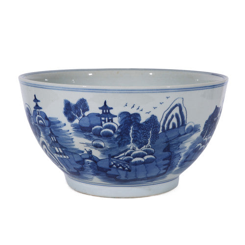 Blue And White Porcelain Mountain Pagoda Bowl 14"
