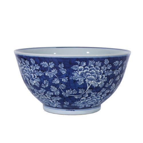 Blue and White Porcelain Peony Floral Bowl 14"