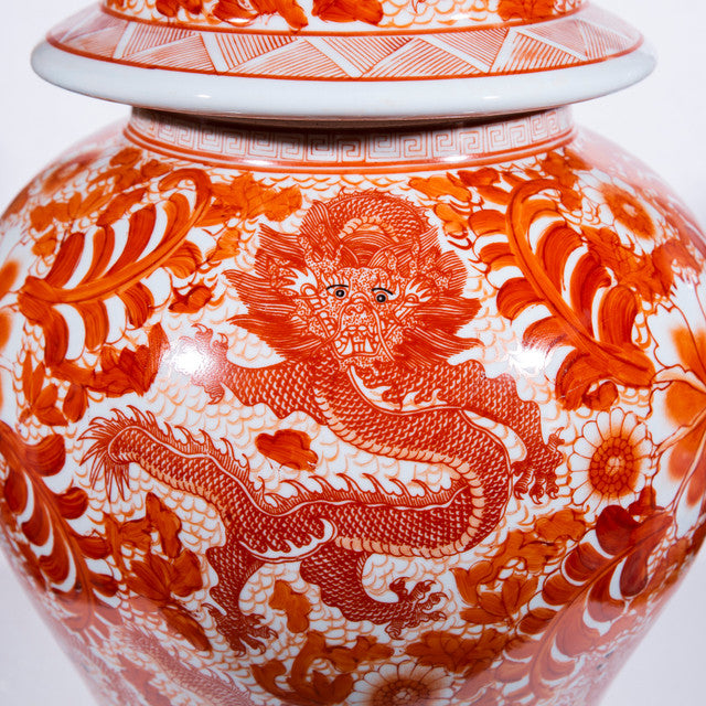 Vintage Style Orange And White Porcelain Temple Jar Dragon and Floral Motif 23"