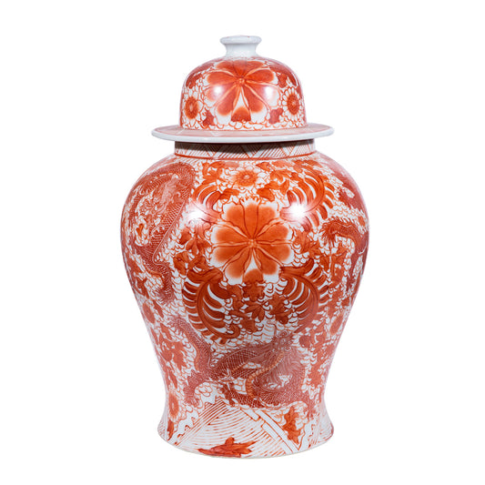 Orange And White Porcelain Temple Jar Dragon and Floral Motif 18"