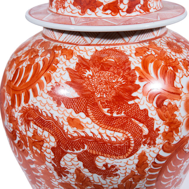 Orange And White Porcelain Temple Jar Dragon and Floral Motif 18"