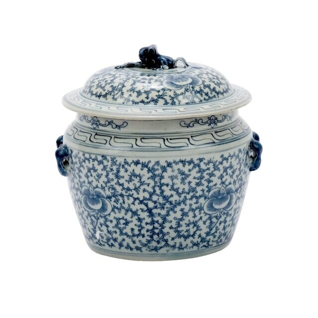 Vintage Floral Blue & White Chinoiserie Porcelain Rice Jar with Lid 9" Tall