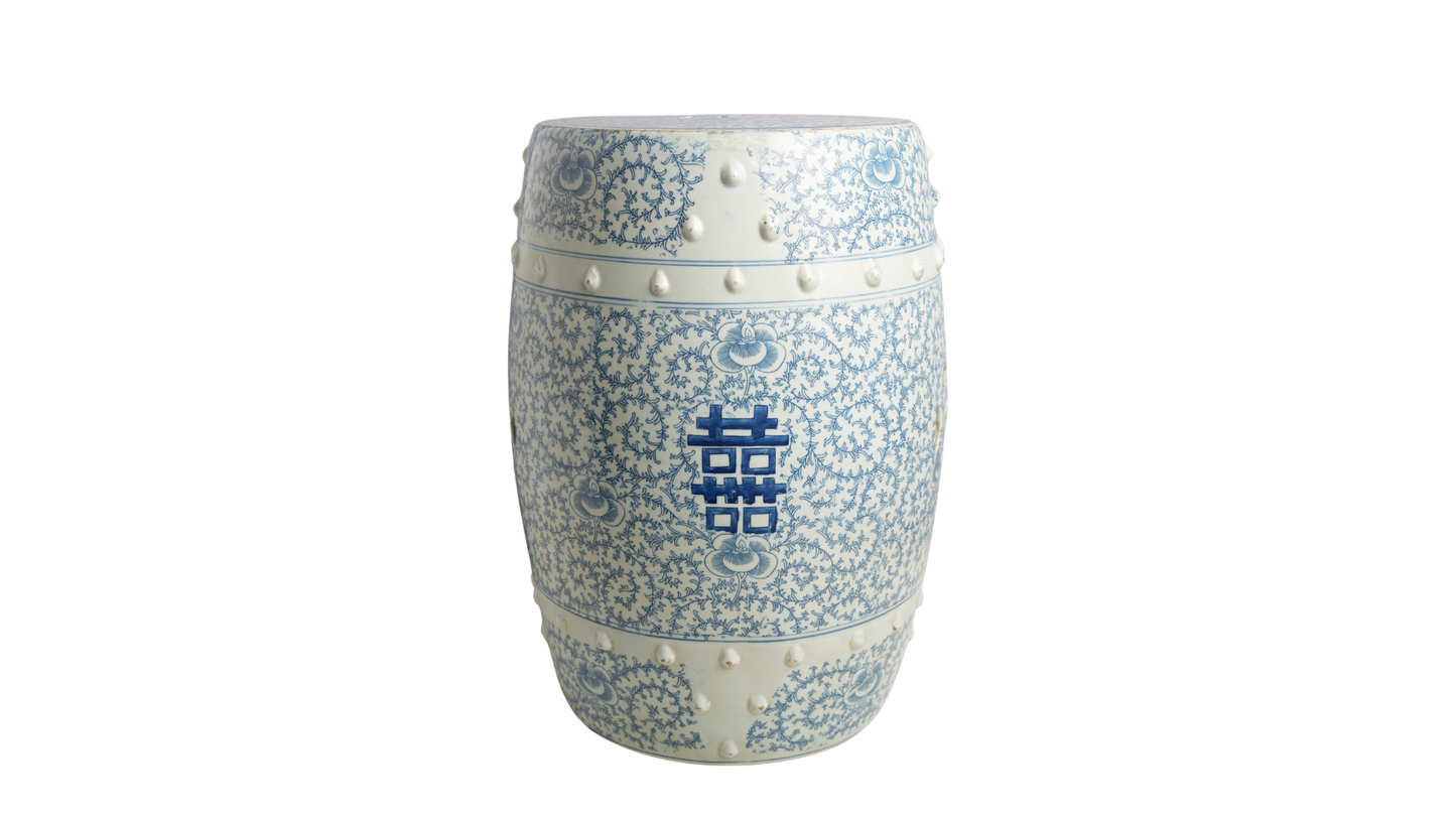 Blue and White Double Happiness Porcelain Garden Stool 19"