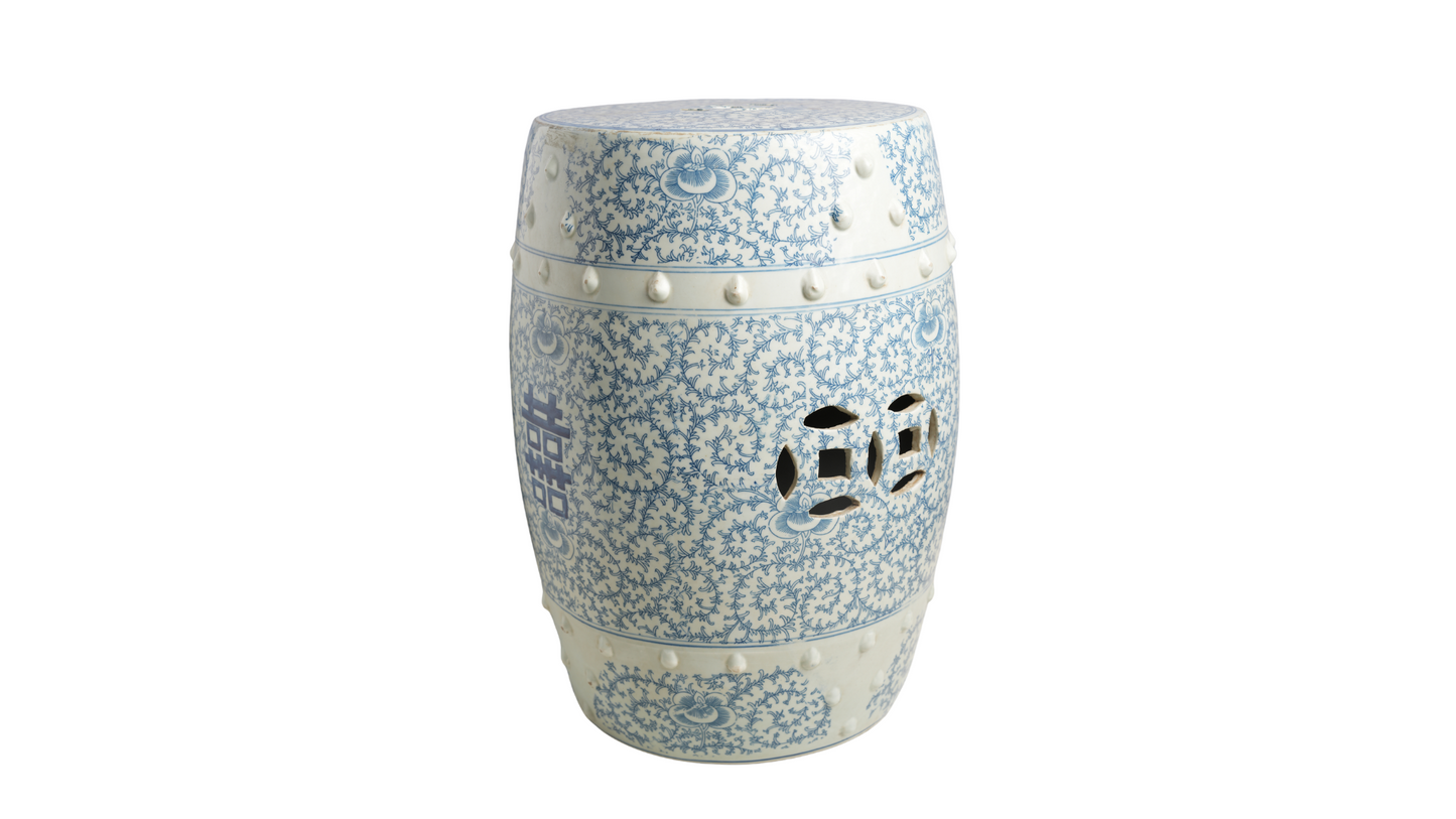 Blue and White Double Happiness Porcelain Garden Stool 19"
