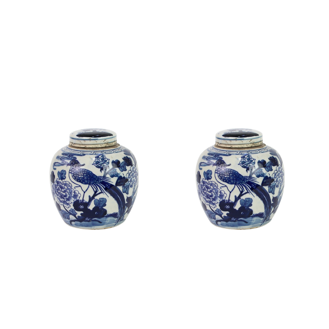 Set of Two Blue and White Bird and Floral Porcelain Ginger Jar 6"