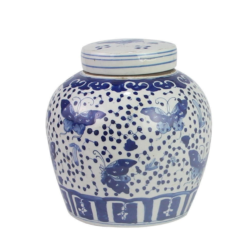 Blue And White Porcelain Ginger Jar Butterfly 9"