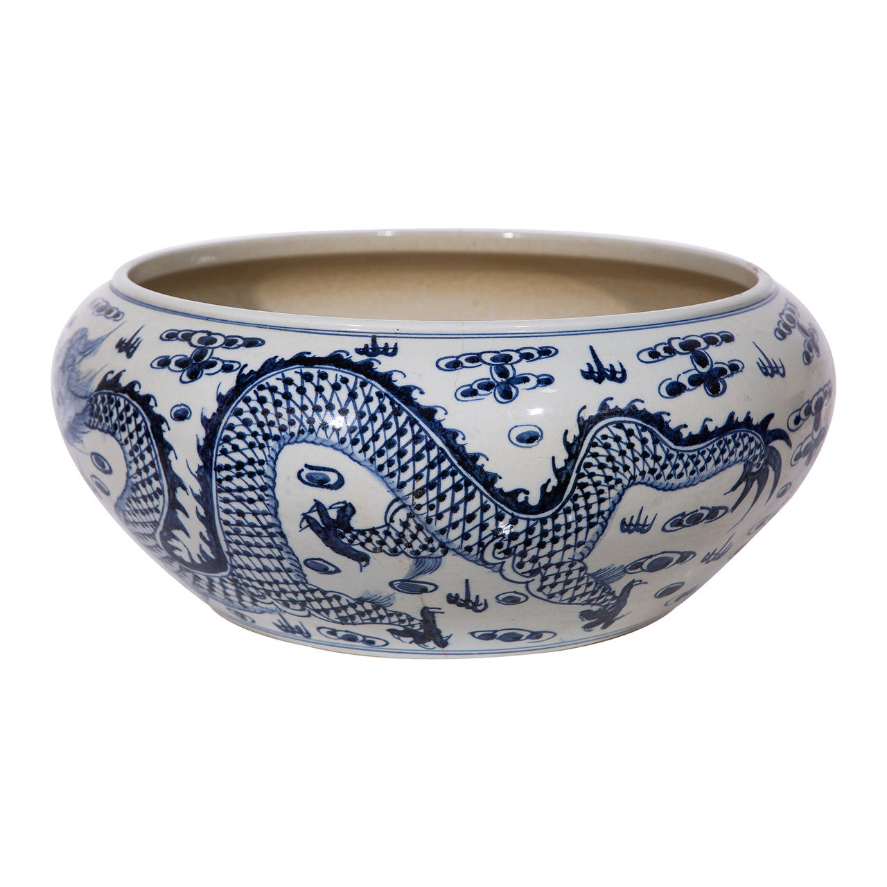 Blue And White Porcelain Shallow Bowl Dragon Motif Large 16"