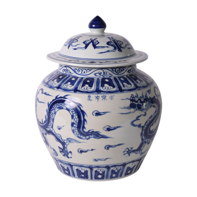 Beautiful Blue and White Porcelain Ginger Jar Dragon Motif 16" with Lid