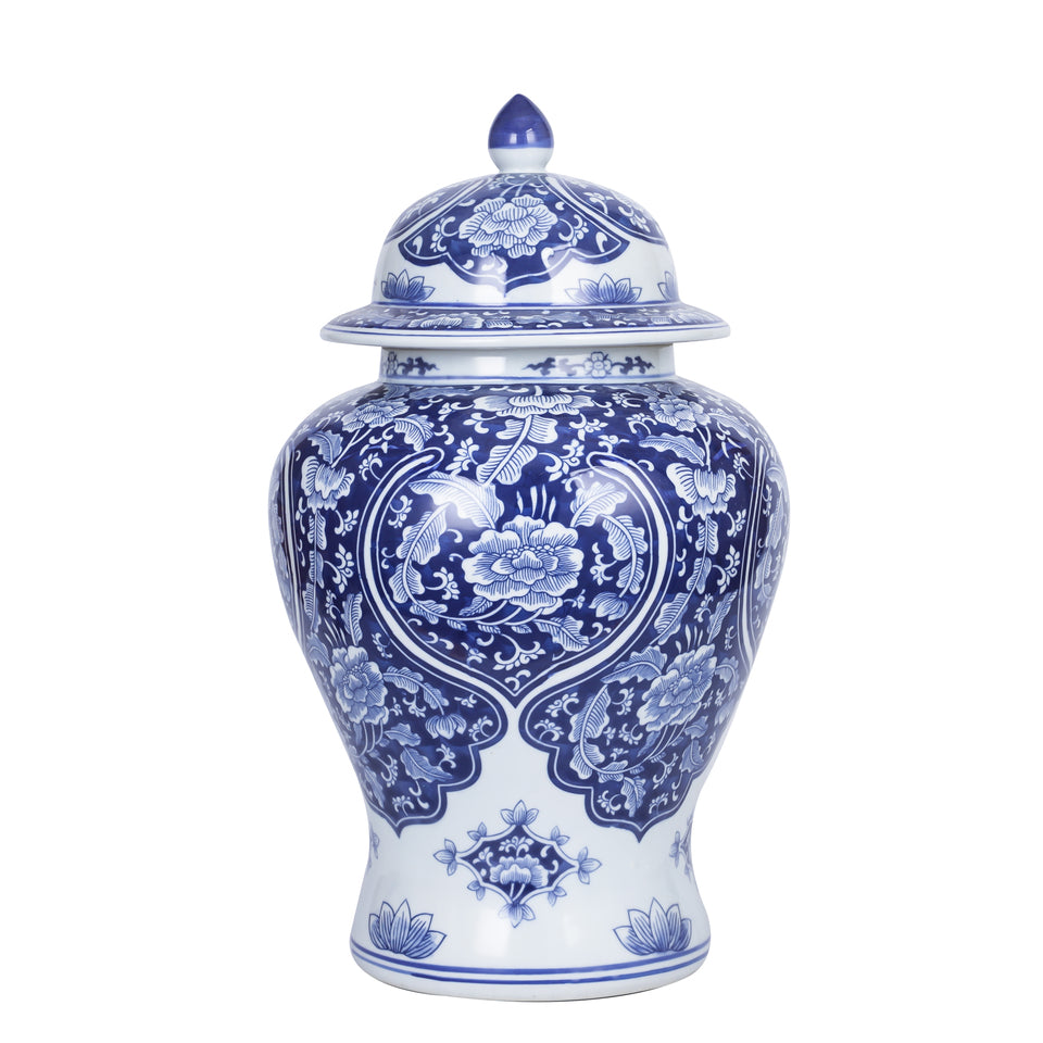 Blue and White Peony Porcelain Temple Jar 22"