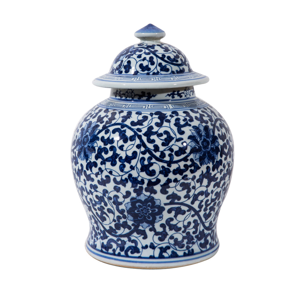 Blue and White Twisted Lotus Porcelain Temple Jar 13"