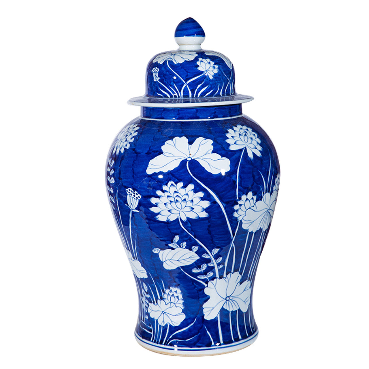 Blue and White Lotus Temple Jar 21"