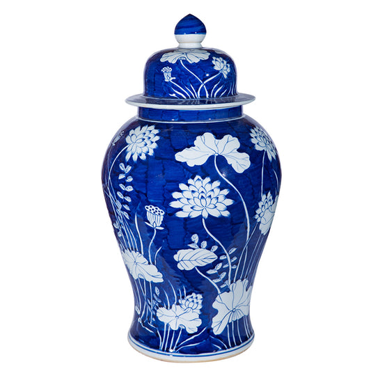 Blue and White Poreclain Lotus Temple Jar 21"