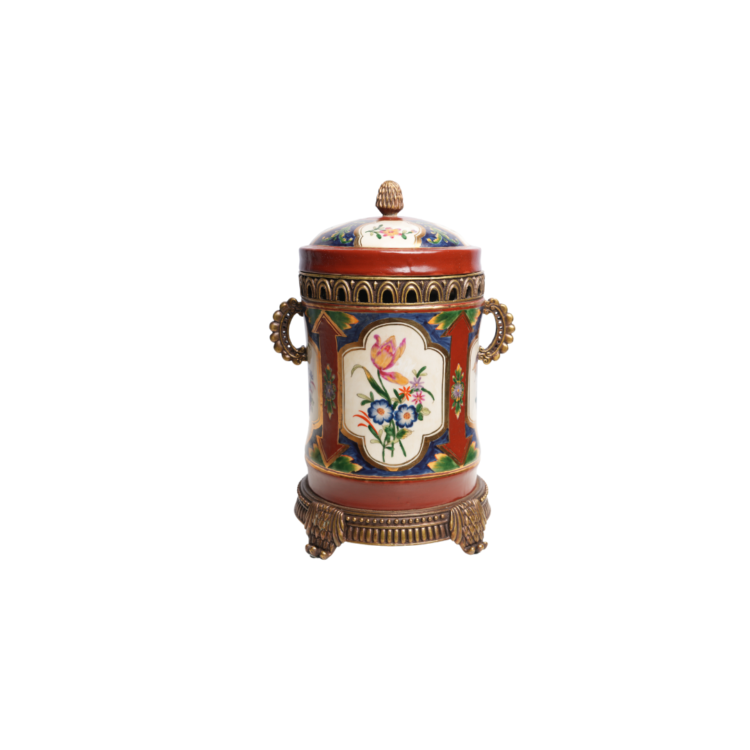 Beautiful Porcelain Floral Motif Cannister Jar Brass Ormolu Accents 12"