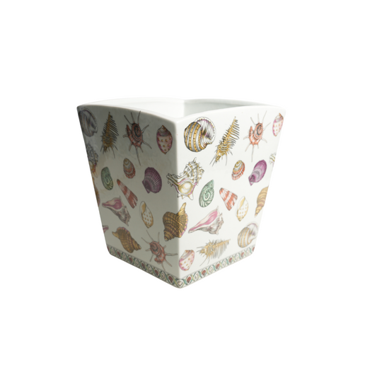 Beautiful Porcelain Sea Shell Motif Nautical Square Pot Bin 10"