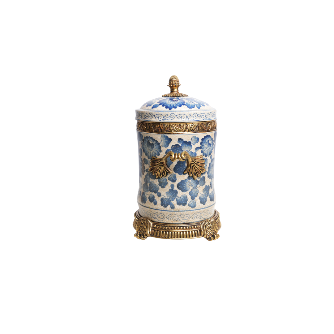 Blue and White Porcelain Floral Motif Cannister Jar Brass Ormolu Accents 12"