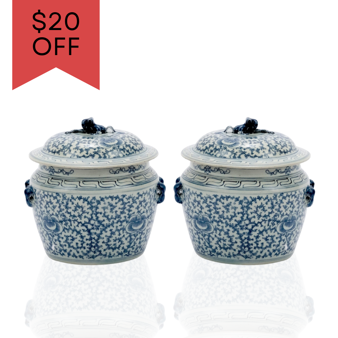 Set of 2 Floral Blue & White Chinoiserie Porcelain Rice Jar with Lid 9" Tall
