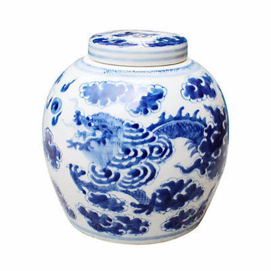 Beautiful Blue and White Porcelain Ginger Jar Dragon Motif 9" with Lid