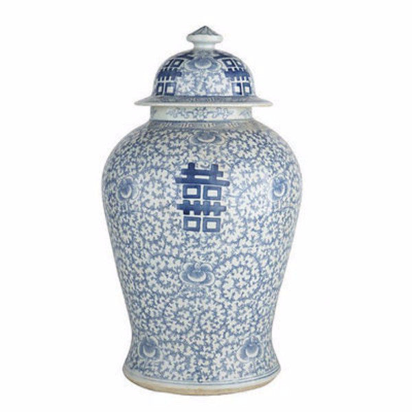 Blue & White Porcelain Double Happiness Chinoiserie Temple Jar 19.5" Tall