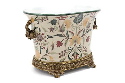 French Chinoiserie Porcelain Oval Pot with Brass Ormolu Accents Floral