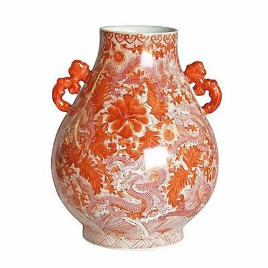 Beautiful Vintage Style Orange/Coral and White Dragon Themed Vase 19"