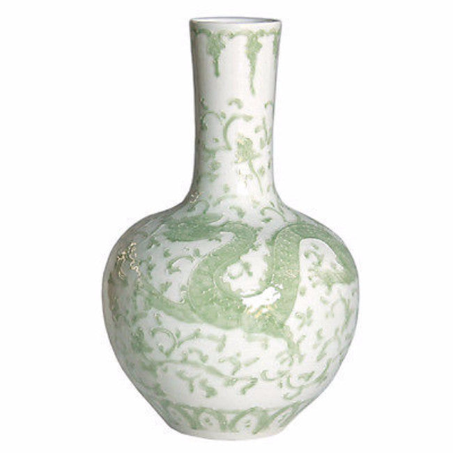Beautiful Green and White Porcelain Medallion Plum Shaped Vase Dragon Lotus 21"