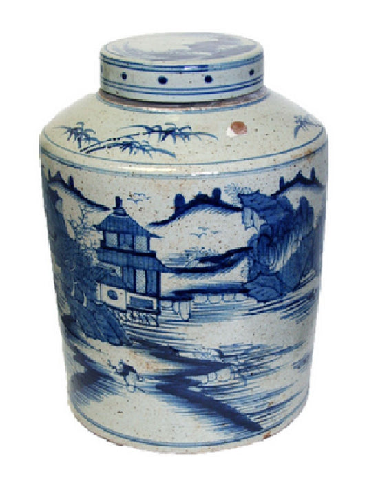 Vintage Style Blue and White Blue Willow Porcelain Tea Caddy Jar 16"