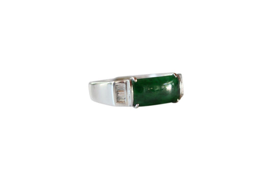 Fine Size 6.5 Rectangular Imperial Jade Ring with 0.12ct Diamonds 18K Gold Band