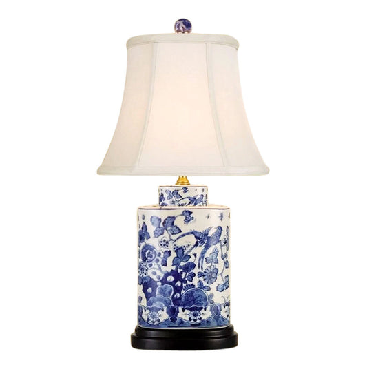 Chinese Blue and White Porcelain Tea Caddy Jar Bird Floral Motif Table Lamp 21"
