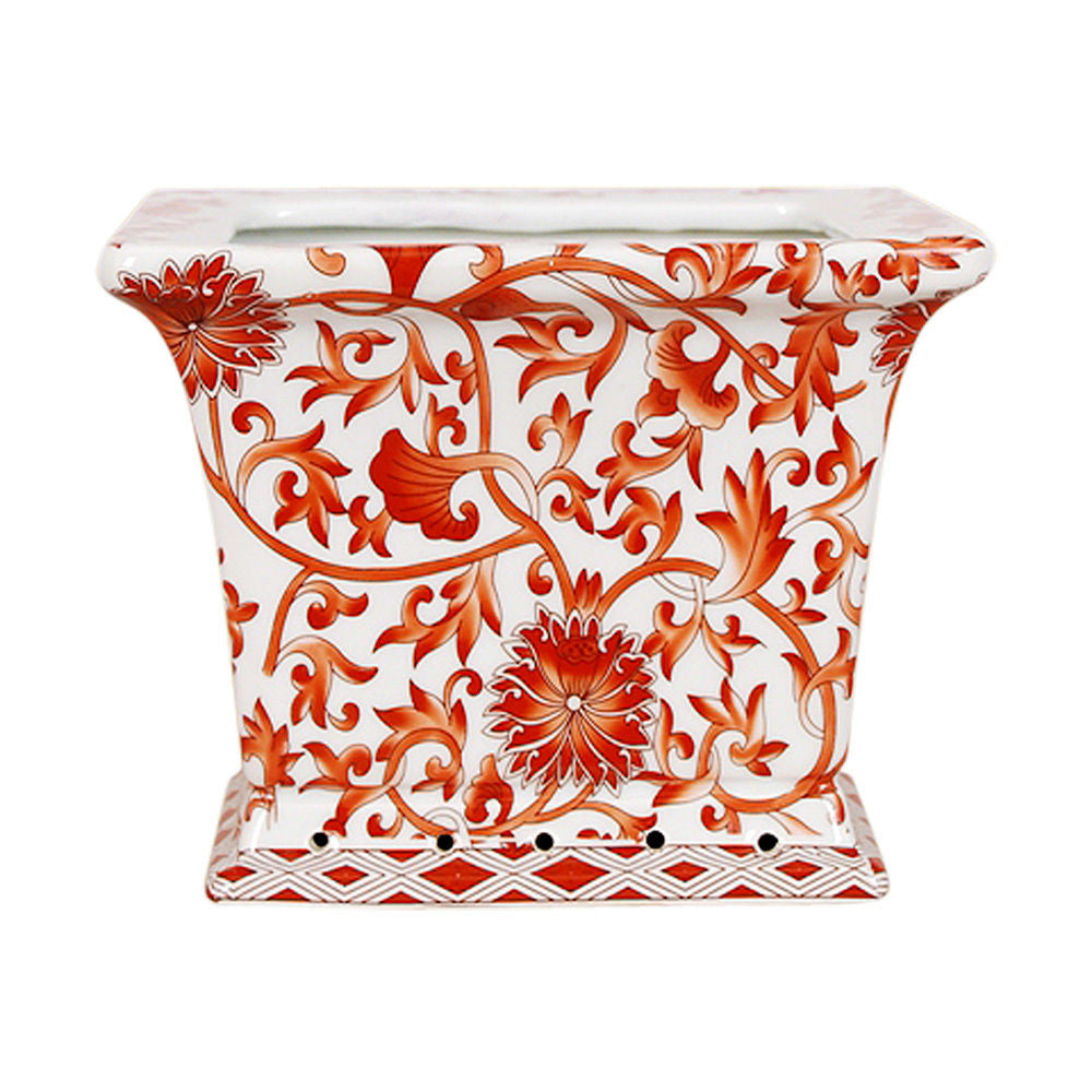 Orange and White Twisted Lotus Square Porcelain Flower Pot 6"