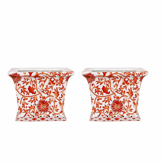 Beautiful Pair Orange and White Twisted Lotus Square Porcelain Flower Pot 6"