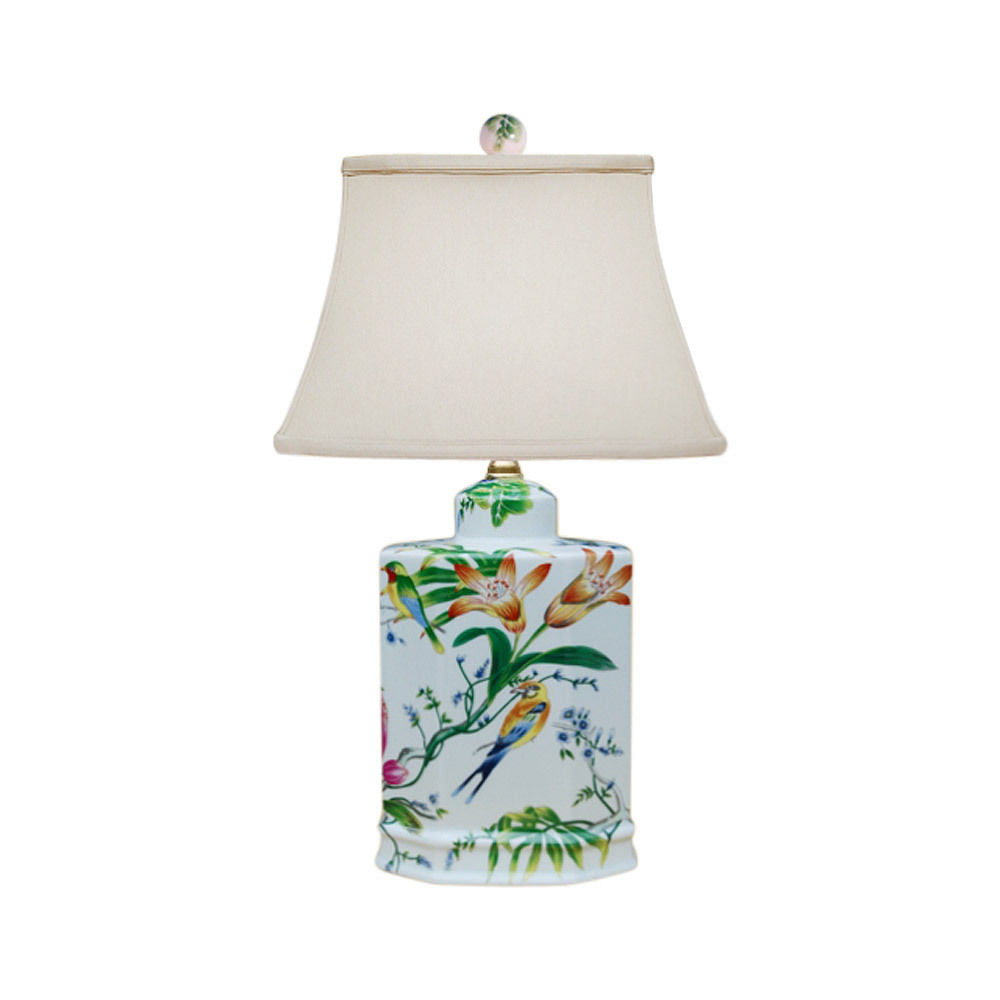 Floral Bird Motif Porcelain Tea Caddy Table Lamp 19.5"