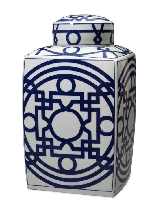 Beautiful Blue and White Patterned Porcelain Square Tea Jar Caddie 16"