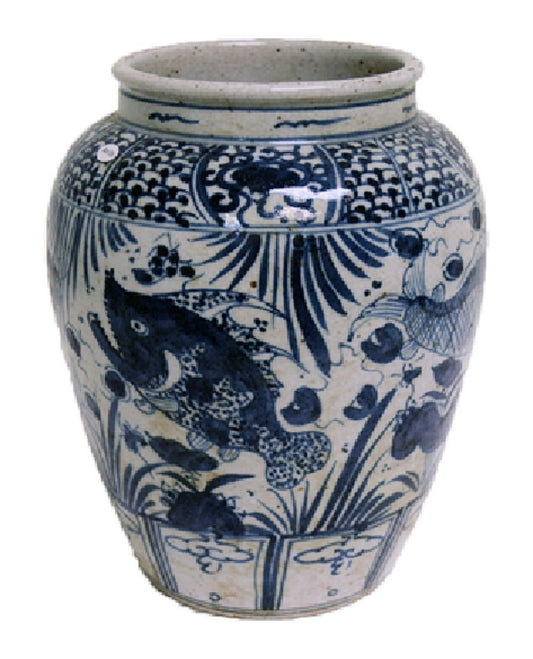 Vintage Style Blue and White Porcelain Fish Motif Flower Vase 12"