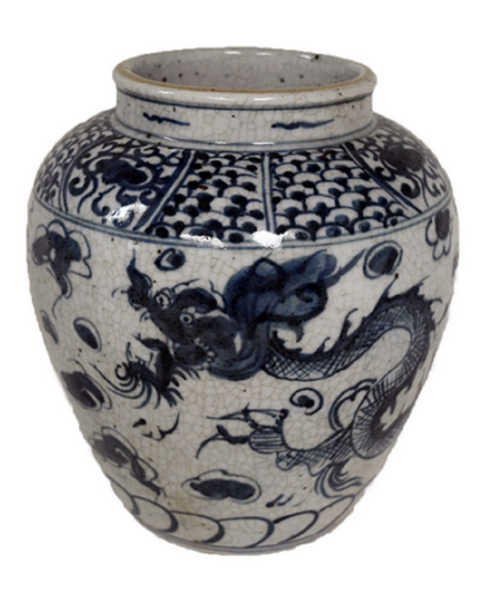 Vintage Style Reverse Blue and White Porcelain Dragon Motif Flower Vase 8"