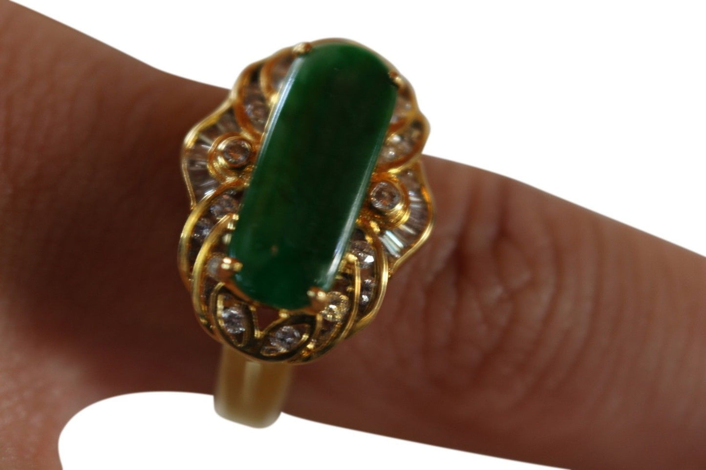 Fine Size 6 Round Imperial Jade Ring with 0.37ct Diamonds 18K Gold Band