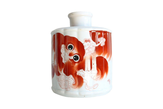 Vintage Style Round Chinese Porcelain Tea Caddy Jar Box Foo Dog Motif 6"
