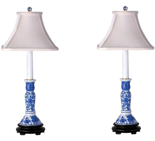 Blue and White Pair of Porcelain Candlestick Holder Table Lamp 25"