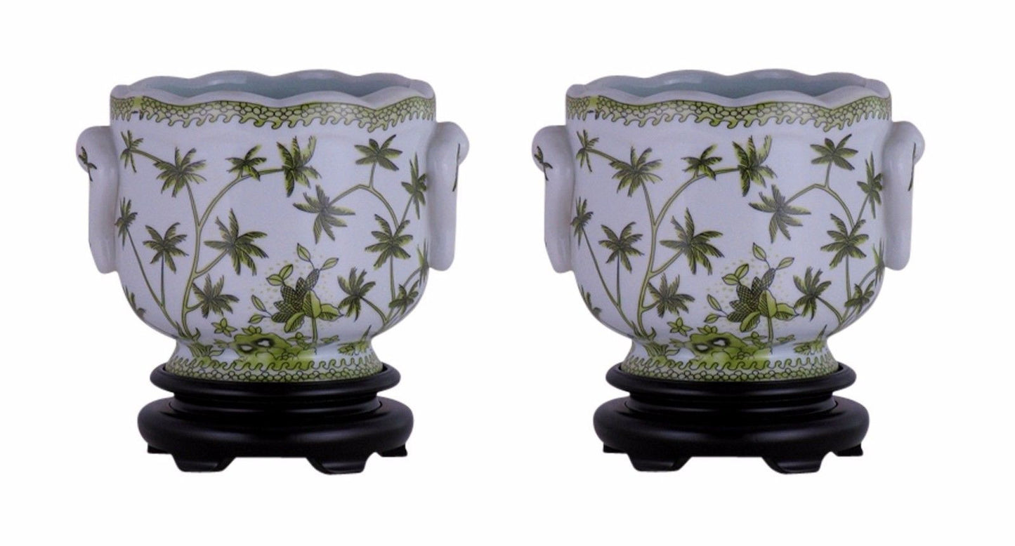 Pair of Round Scallop Rim Green and White Floral Porcelain Pot Wooden Base 7"