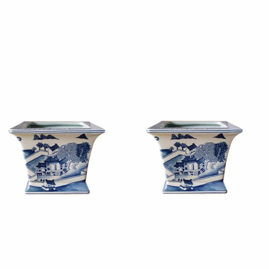 Beautiful Pair Blue and White Blue Willow Square Porcelain Flower Pot 6"