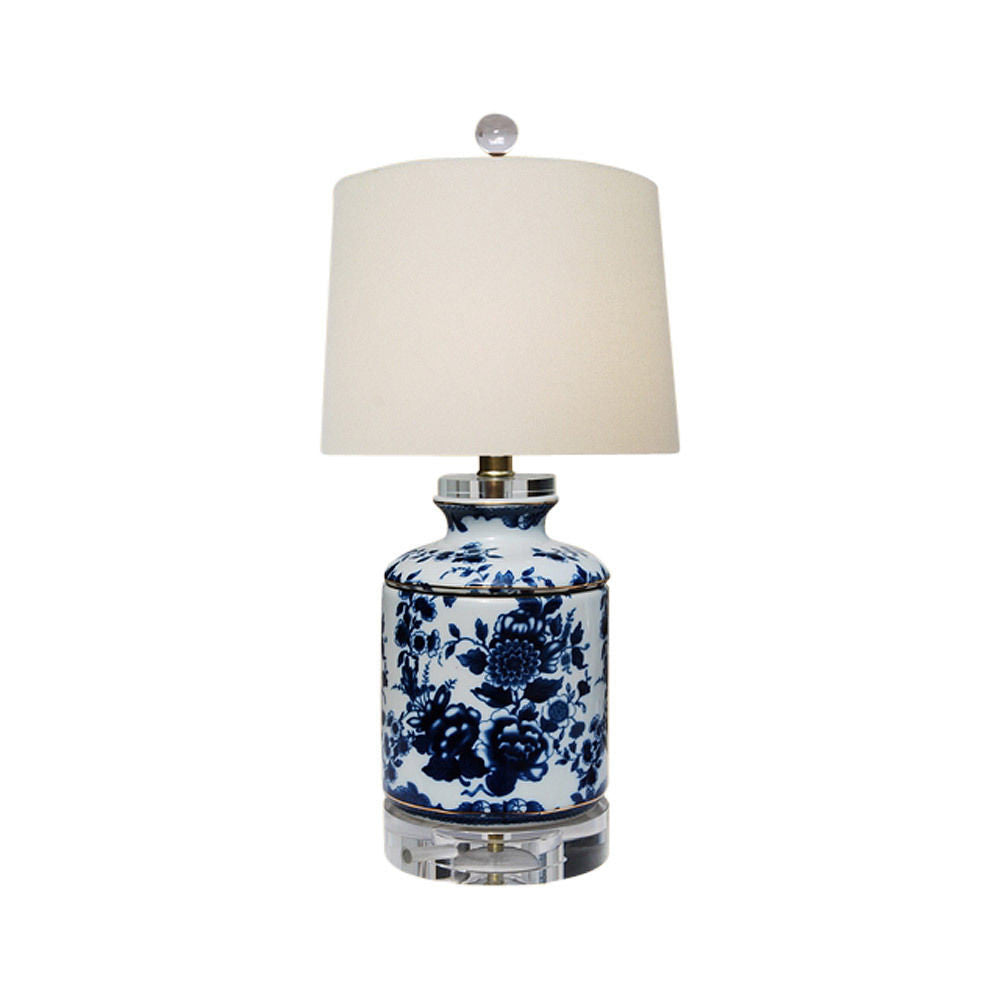 Blue and White Floral Motif Porcelain Ginger Jar Table Lamp 17"