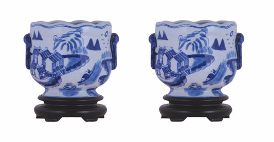 Pair Round Scallop Rim Blue and White Landscape Porcelain Pot Wooden Base 7"
