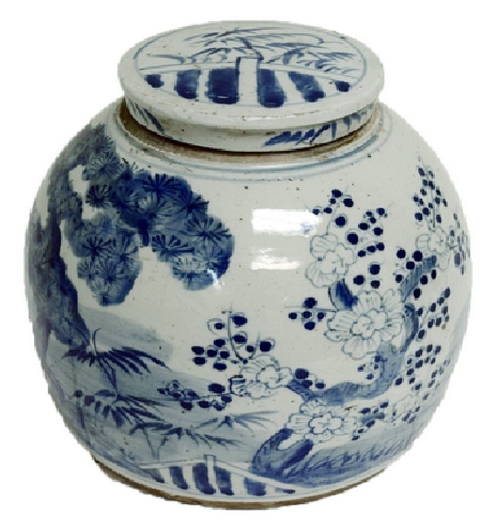 Vintage Style Blue and White Porcelain Lidded Ginger Jar Floral Motif 10"