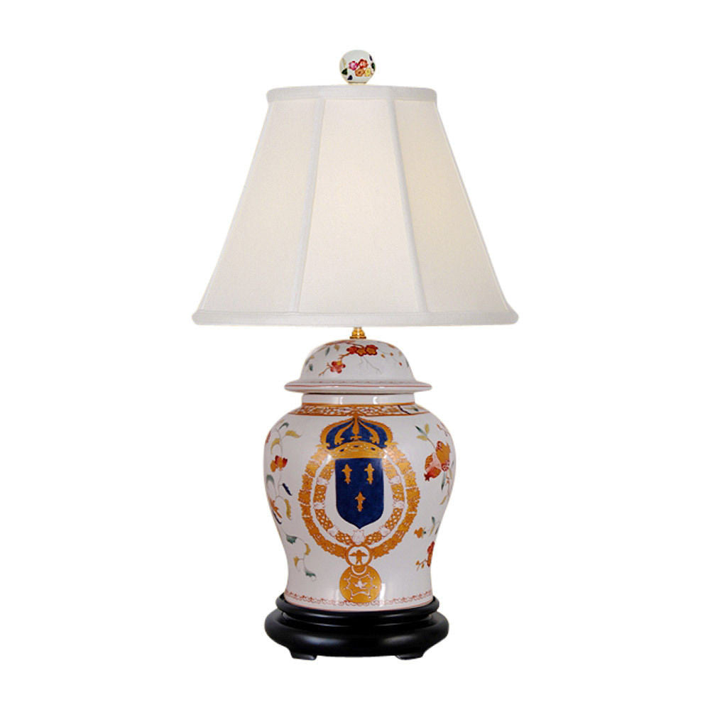 Beautiful English Emblem Style Porcelain Temple Jar Table Lamp 29"