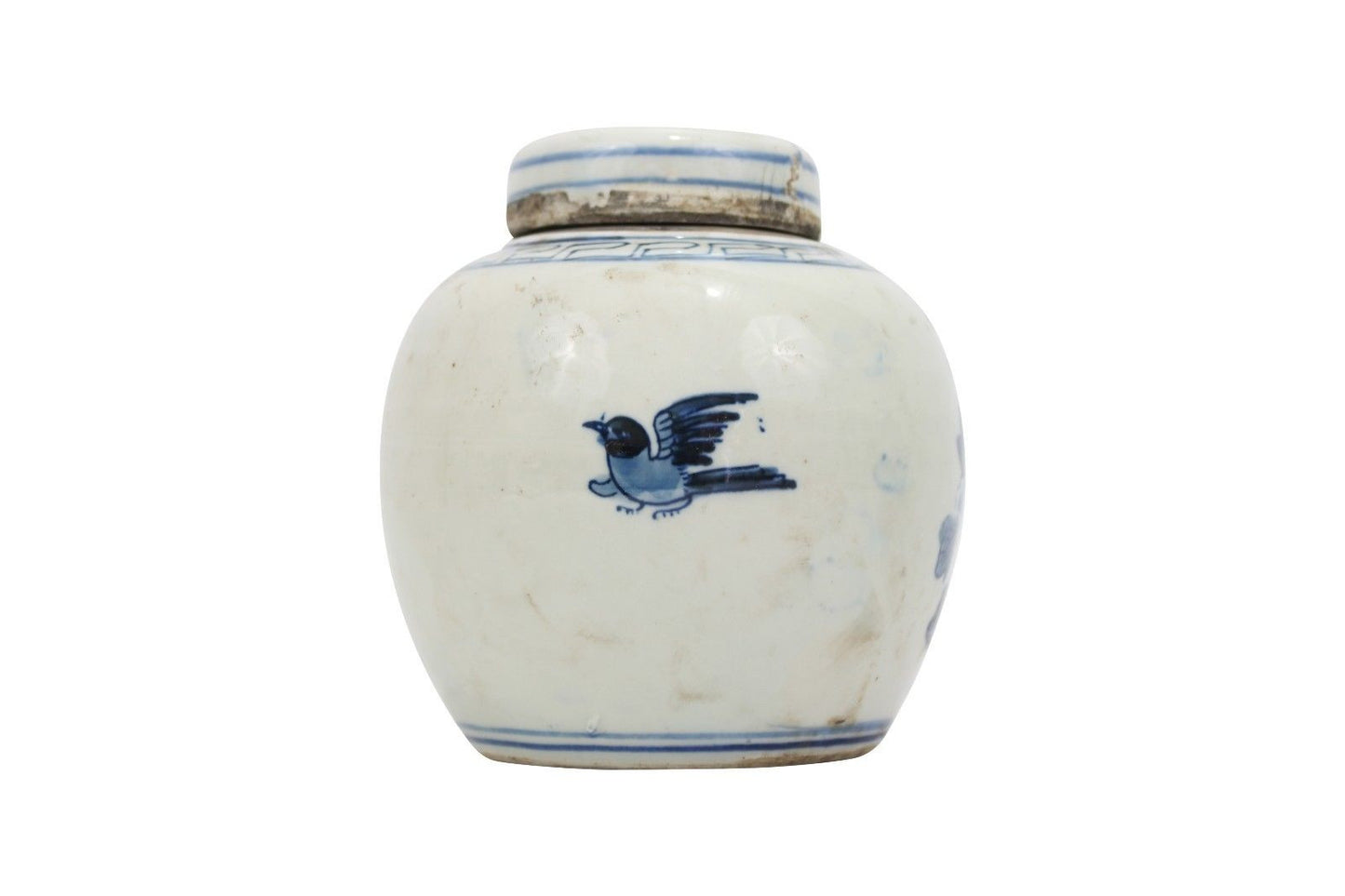 Beautiful Antiqued Style Blue and White Porcelain Bird Motif Cover Jar 6" no