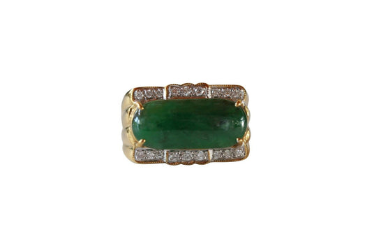 Fine Size 7.75 Round Imperial Jade Ring with 0.27ct Diamonds 18K Gold Band