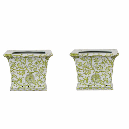 Beautiful Pair Green and White Twisted Lotus Square Porcelain Flower Pot 6"