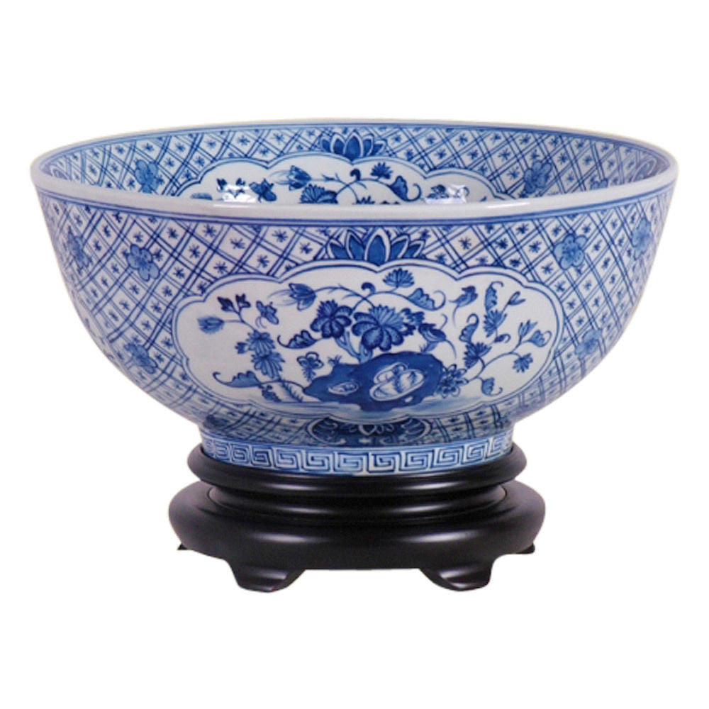 Blue and White Porcelain Floral Chinese Bowl with Stand 12"