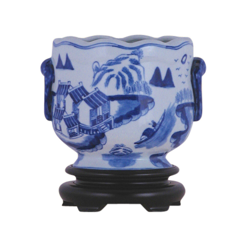 Pair Round Scallop Rim Blue and White Landscape Porcelain Pot Wooden Base 7"