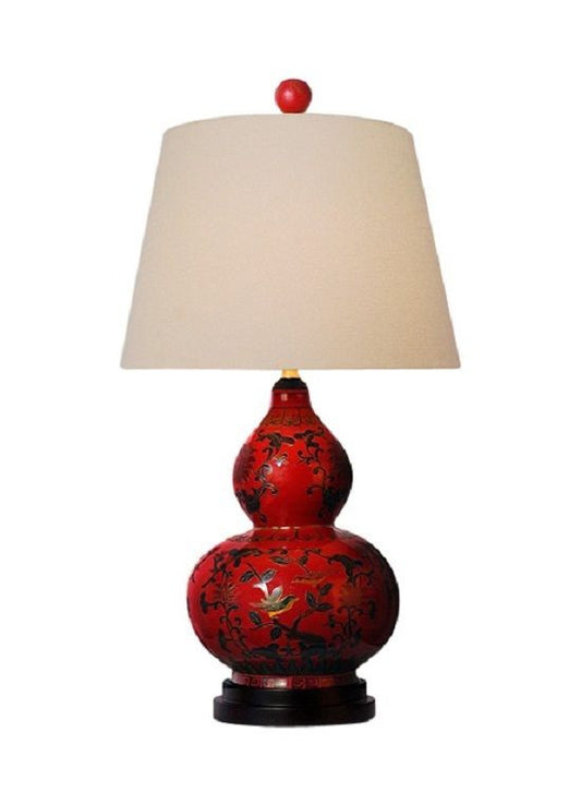 Chinese Red Lacquer Porcelain Gourd Vase Table Lamp Shade and Finial 24"