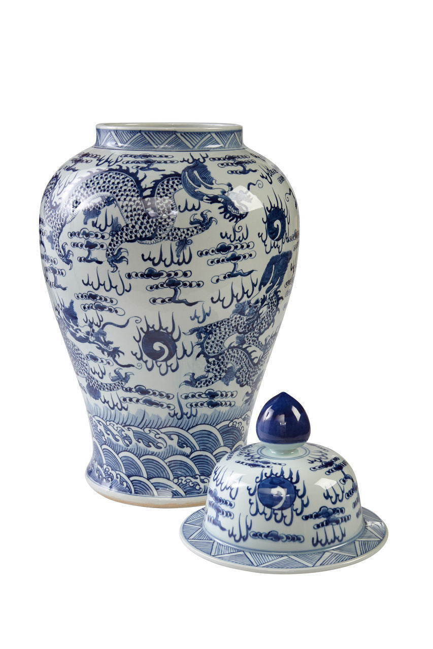 Decorative Blue and White Porcelain Lidded Temple Jar Dragon Motif 29"
